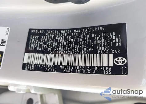 2022 Toyota Corolla Le from USA, damaged, VIN 5YFEPMAE7NP279625